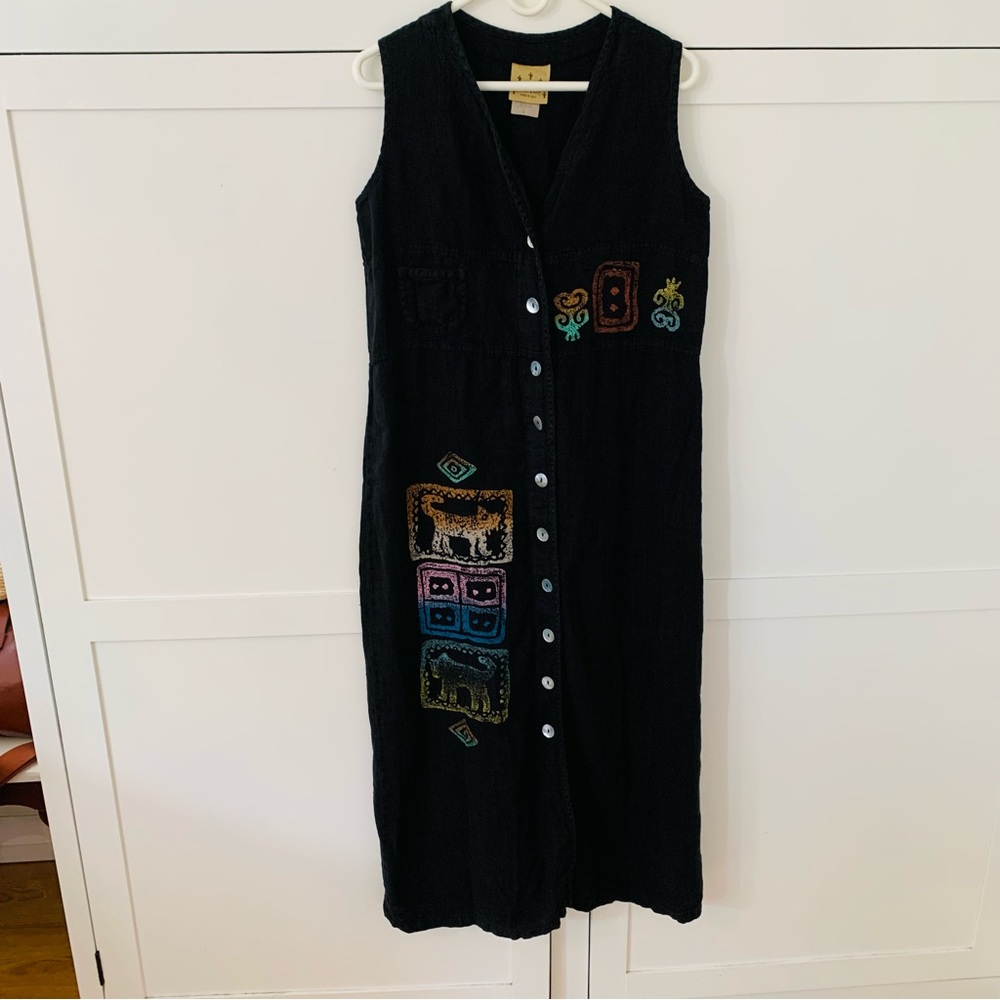 Vintage 90’’s Blue Cactus Black Linen Button Front Midi Dress Western Boho S